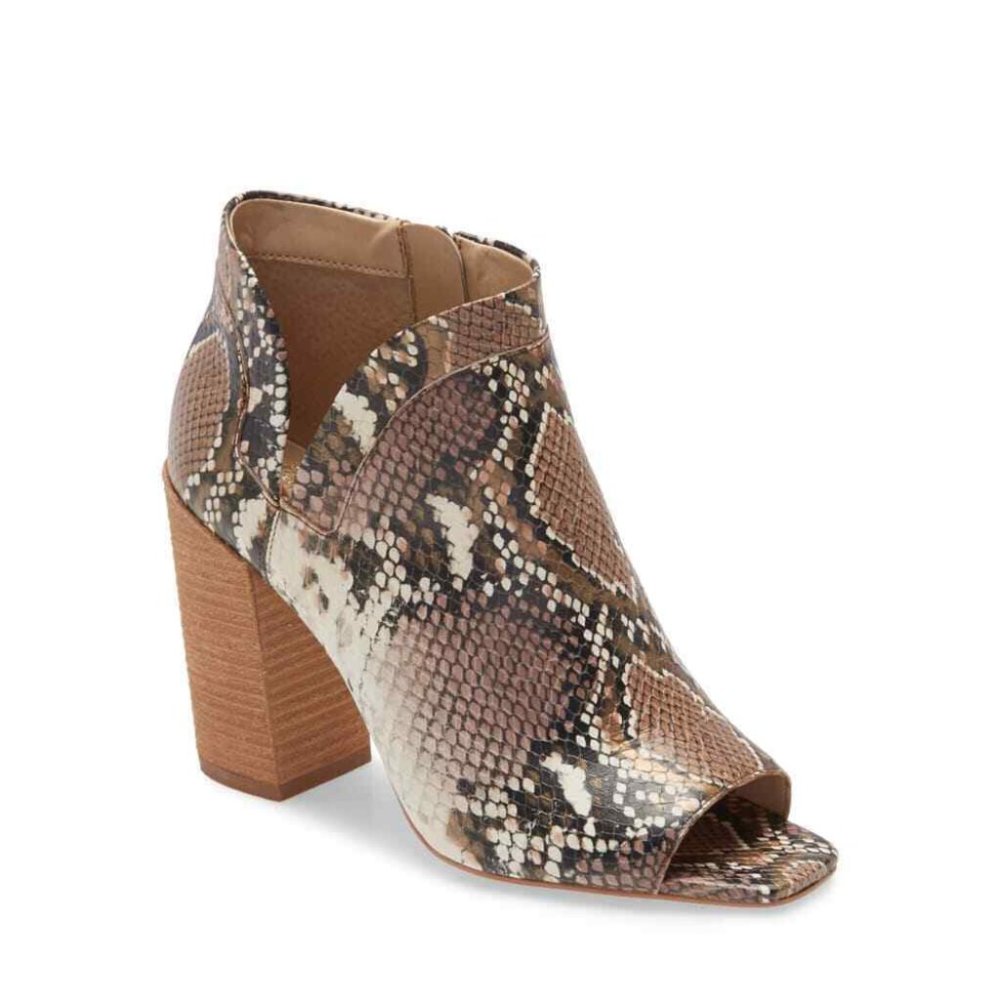 Vince Camuto Fedrilla Open Toe Leather Bootie in Bronze Snake Print, 8